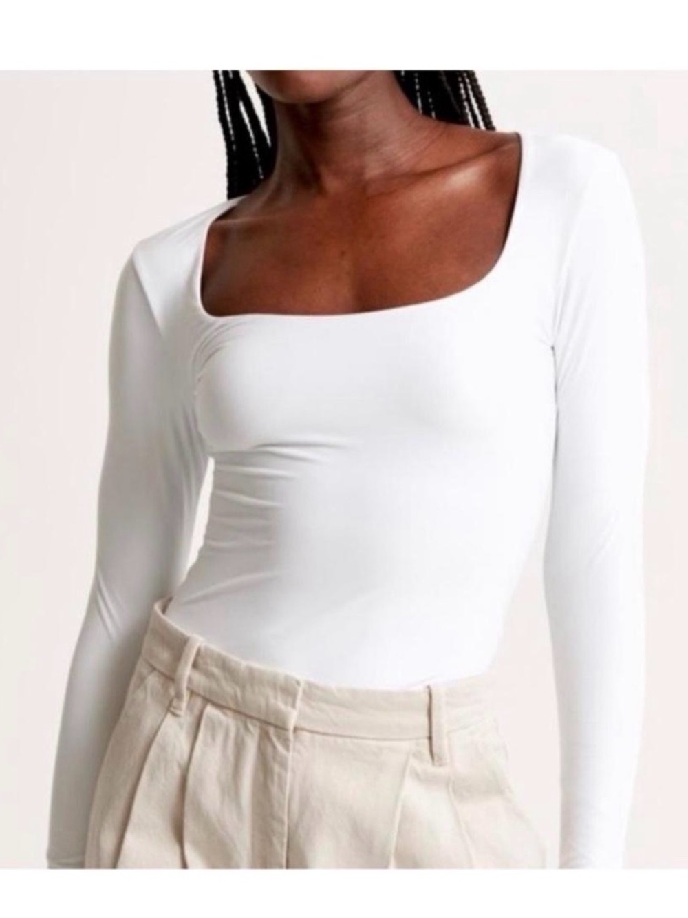 Abercrombie & Fitch Ivory Square-Neck Long Sleeve Bodysuit